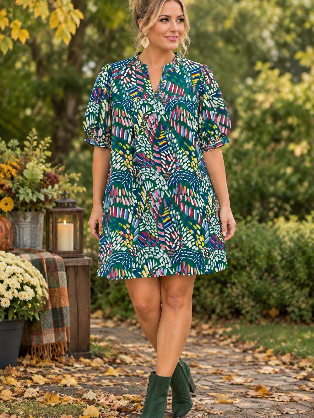 Green Abstract-Print Mini Dress with Puff Sleeves